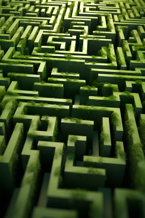 Maze background. 3d illustration. Green labyrinth. Game conceptの素材