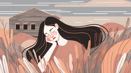 Vector illustration of a girl with long hair in a wheat field.の素材