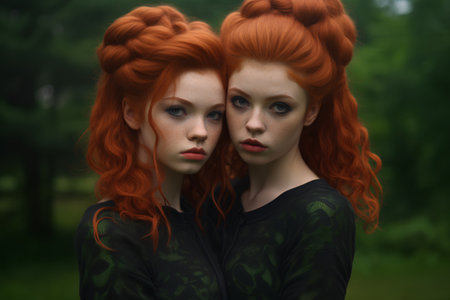 Two young women with red hair in the forest. 3d renderingの素材