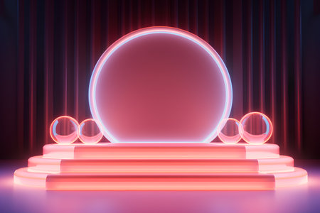Abstract round podium illuminated with neon lights. Award ceremony concept. Stage backdrop. Vector illustrationの素材