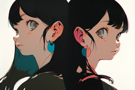 Two girls look at each other. Side view. Vector illustration.の素材
