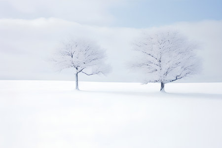Two trees covered with hoarfrost in a snowy field in winterの素材