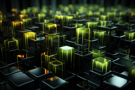 Abstract 3d render of futuristic city with glowing cubes. Technology background.の素材