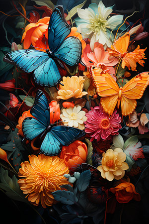 Beautiful floral background with butterflies and chrysanthemum flowersの素材