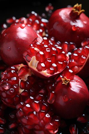 Pomegranate fruit with seeds and water drops on black backgroundの素材
