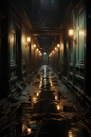 3D rendering of a dark corridor in an old building with lampsの素材