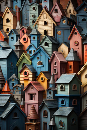 Seamless pattern of colorful wooden bird houses. Vector image.の素材