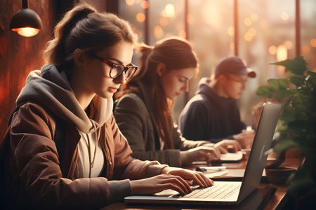 Beautiful young girl in glasses works on a laptop in a cafe.の素材