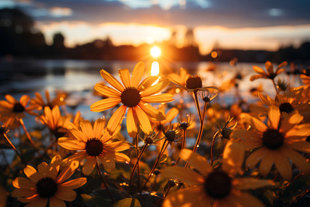 Sunset over the lake with yellow flowers in the foreground and sunset in the backgroundの素材