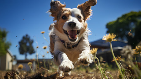 Cute dog running in the meadow on a sunny summer dayの素材