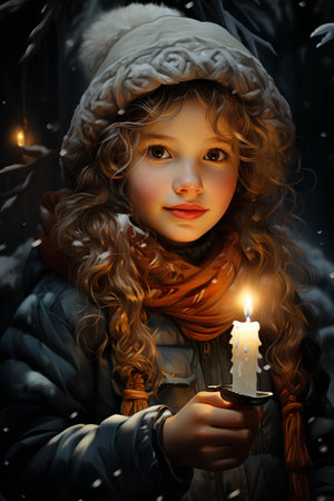 Little girl with a candle in the winter forest. 3d illustration.の素材