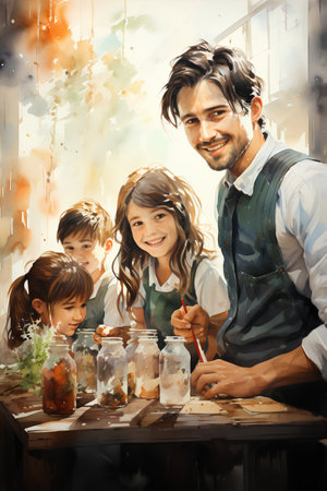 Portrait of happy family painting with gouache in the kitchen.の素材