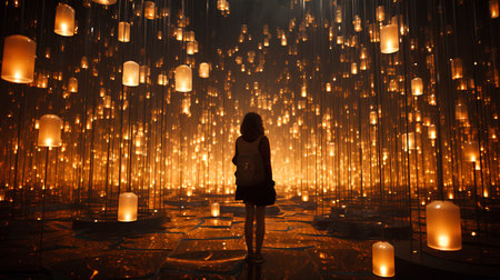 Young woman standing in the light of a lantern and looking at itの素材