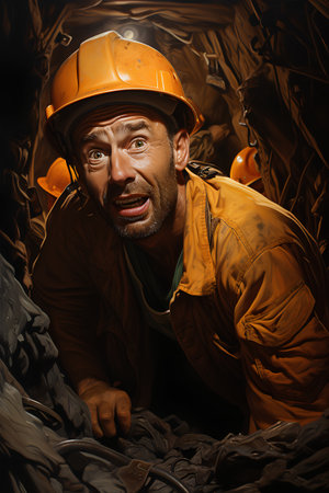 Portrait of a male miner in an orange uniform and hard hat.の素材