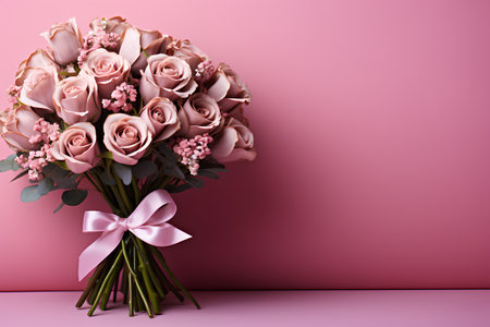 Bouquet of pink roses with pink ribbon on pink background.の素材