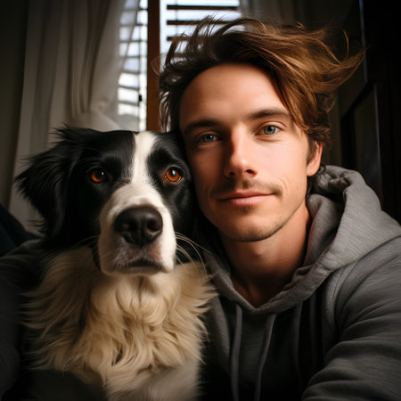 Portrait of a handsome young man with his dog at home.の素材