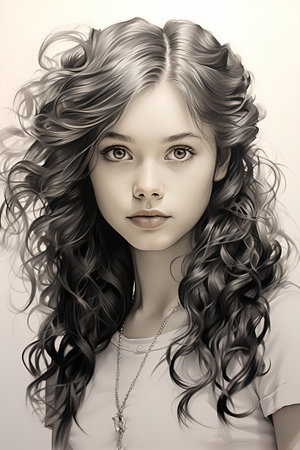 Portrait of a beautiful young girl with long curly hair. Toned.の素材