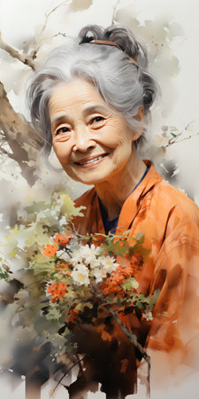 Portrait of an elderly asian woman with a flower in her hairの素材