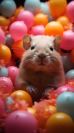 Cute little hamster among colorful balloons on a black background.の素材