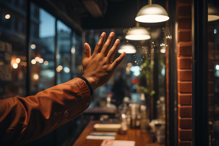 Hands of a man in a brown jacket on the background of a cafe.の素材