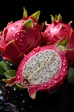 Dragon fruit with water drops on black background, closeup. Tropical fruit.の素材