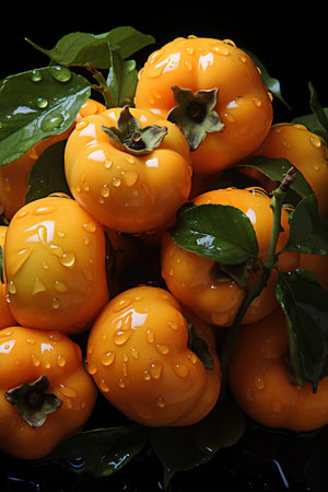 Ripe persimmon fruit with water drops isolated on black backgroundの素材