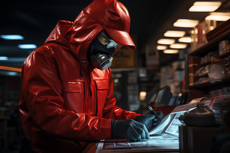 Man in a red protective suit and mask is working on a computer. 3d rendering.の素材