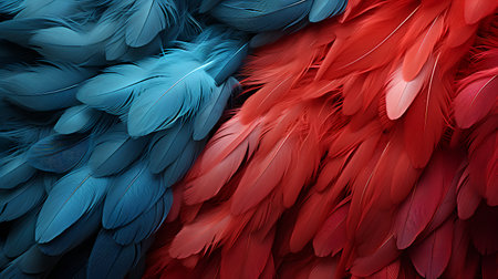 red and blue parrot feathers as a background, close-upの素材