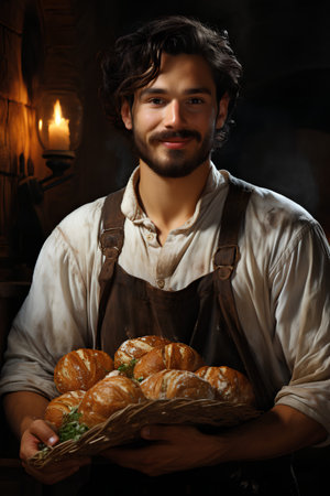 Portrait of a handsome young man in traditional bavarian clothes holding croissants.の素材