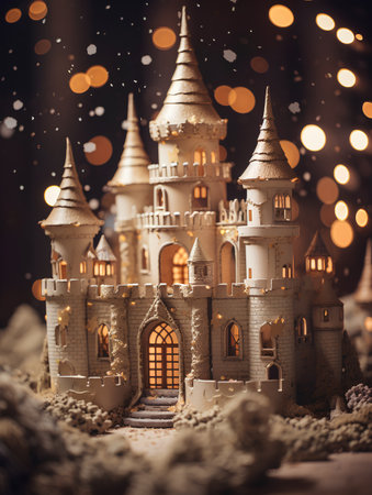 Christmas and New Year holiday background. Toy castle on the snow.の素材