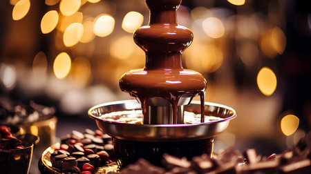 Chocolate fondue with coffee beans and chocolate sweets on dark backgroundの素材
