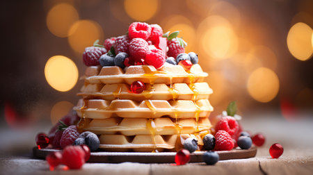 Belgian waffles with fresh berries on a wooden background. Selective focus.の素材