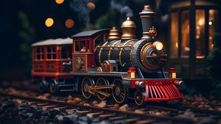 Old steam locomotive on the rails at night. 3d rendering.の素材