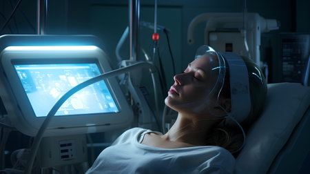 Young female patient lying in hospital bed and looking at x-ray image.の素材