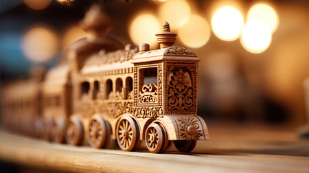 Wooden toy train on the background of bokeh lights.の素材