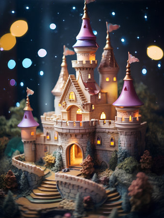 Fragment of a toy castle on a dark background with bokehの素材
