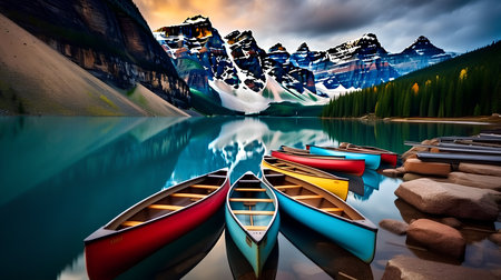 Beautiful mountain lake with colorful kayaks at sunset. Canadian Rockiesの素材