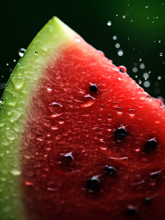 Watermelon with drops of water on a dark background close-upの素材