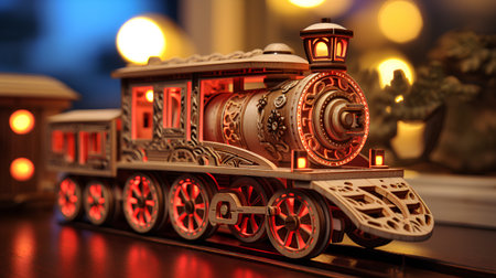 3D illustration of a wooden toy train on the background of lightsの素材
