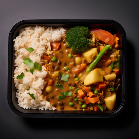 Lunch box with stewed vegetables and rice on dark background, top viewの素材