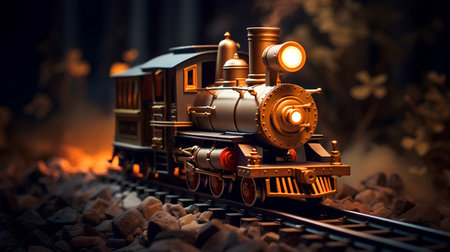 Model of a steam locomotive on the rails. 3D illustration.の素材