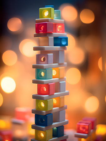 Colorful candles in the form of a tower on a bokeh backgroundの素材