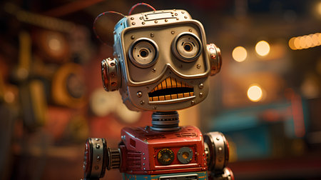 vintage robot on the background of the night city. 3d illustrationの素材