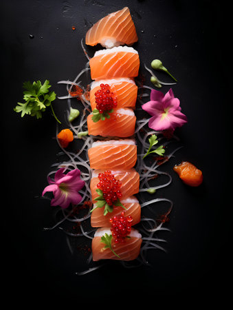 Sushi set with salmon, red caviar and seaweed on black backgroundの素材