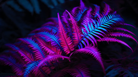 Fern leaves in neon light. 3D illustration of a tropical plantの素材