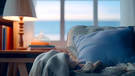Cozy living room with sofa, pillows, plaid, books and sea viewの素材
