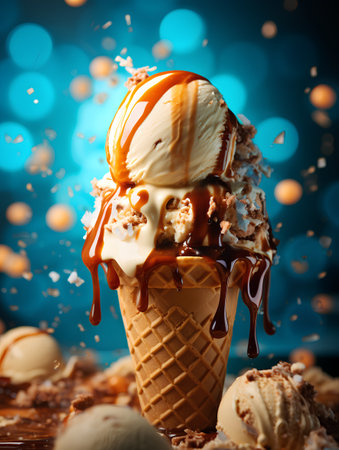 Ice cream with caramel sauce in waffle cone on blue bokeh backgroundの素材