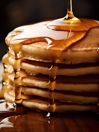 pancakes with honey on a dark background, close-upの素材
