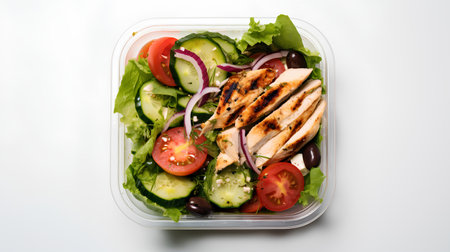 Healthy lunch box with grilled chicken fillet and fresh vegetable salad isolated on white backgroundの素材
