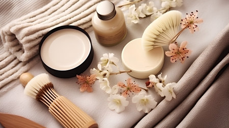 Spa setting with bamboo toothbrushes, aroma oils and flowersの素材